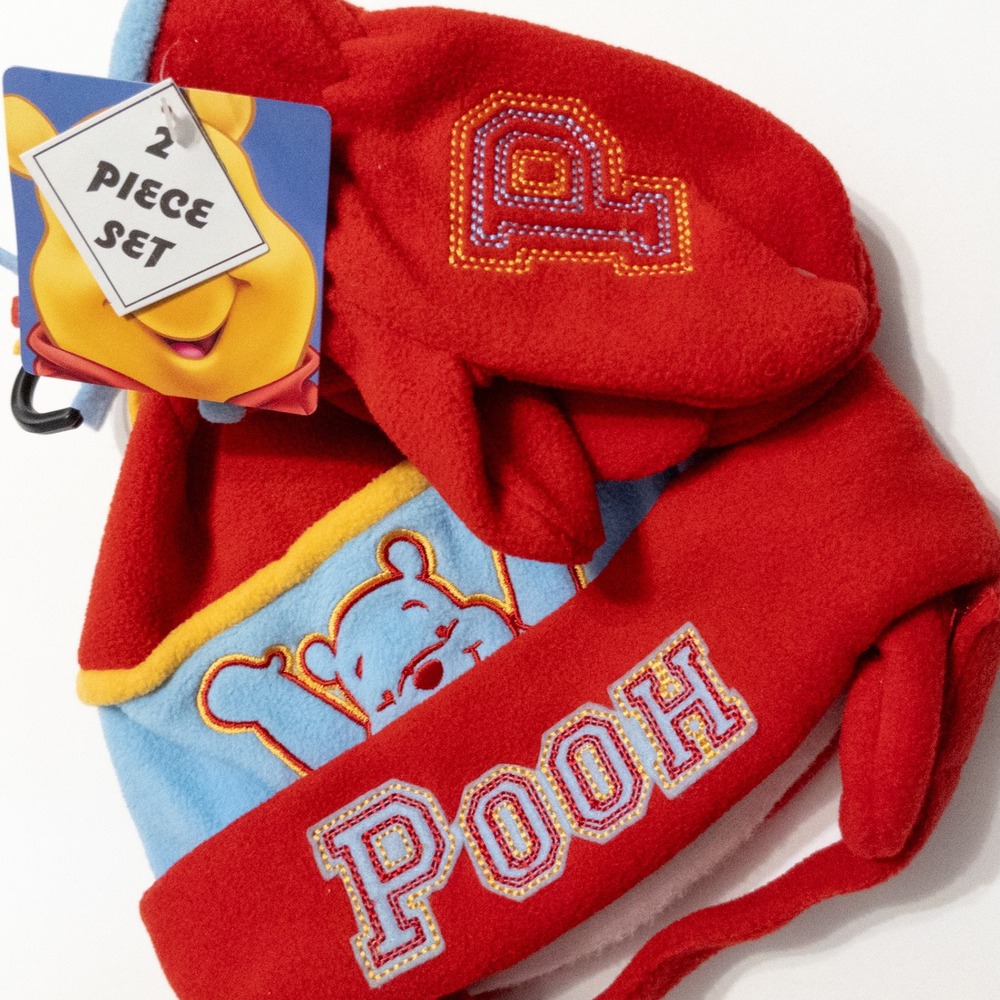 Disney Winnie the Pooh Kids Fleece Beanie Hat and Mittens 2 Piece Set Red Blue